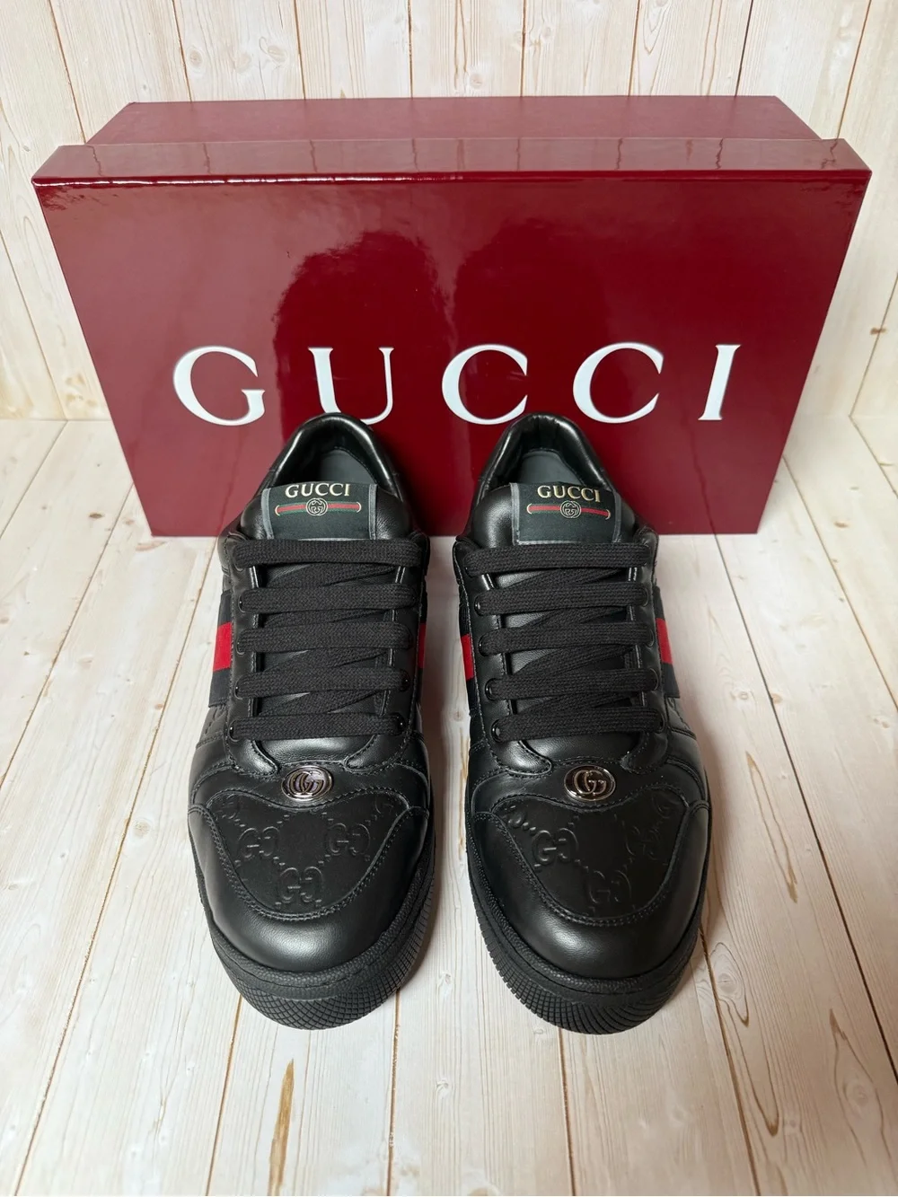 Gucci Men’s Black Leather Sneakers with Red & Navy Stripe